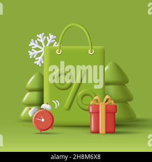 Composition de Noël ou du nouvel an avec illustration du grand sac à provisions en 3d surperé de pins, boîte cadeau et horloge et flocon de neige, couleur vert mono chr Illustration de Vecteur