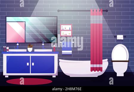 Nettoyer salle de bains intérieur Design placard mobilier de baignoire Flat Illustration Illustration de Vecteur