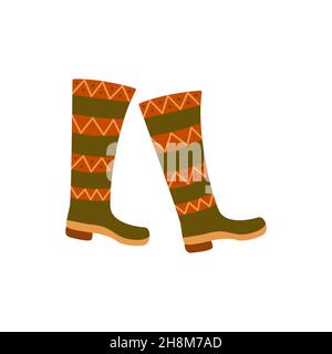 Chaussures boho vertes élégantes pour femme avec talons larges.Chaussures chaudes confortables pour l'automne ou l'hiver, couleurs bohème, imprimé ethnique, motif scandinave.Couleur Illustration de Vecteur