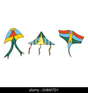Ensemble de cerfs-volants.Groupe de jouets volant dans l'air sur une corde, en train de grimper dans le ciel au vent, de couleurs différentes et avec des rubans.Illustrat isolé vectoriel tracé à la main Illustration de Vecteur