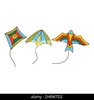 Ensemble de cerfs-volants.Groupe de jouets volant dans l'air sur une corde, en train de grimper dans le ciel au vent, différentes couleurs.Illustration vectorielle isolée dessinée à la main sur un Illustration de Vecteur