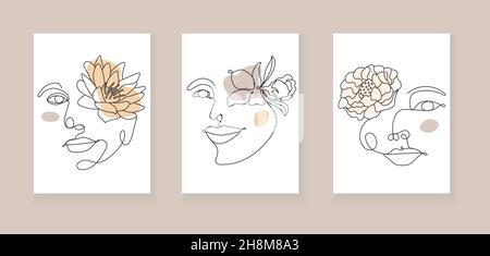 Ensemble de vecteurs de visage de femmes de boho.Portrait surréaliste, visage de fille avec lotus, chrysanthème, fleurs de nénuphars en ligne continue.Motif floral tendance et ABS botanique Illustration de Vecteur