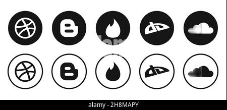 Kiev - 9 novembre 2021: Collection populaire de logotypes de médias sociaux: Facebook, TikTok, instagram, twitter, pinterest,periscope, vimeo. Banque D'Images