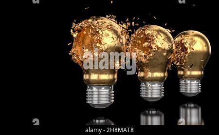 ampoules dorées brisées par impact sur le noir.rendu 3d Banque D'Images