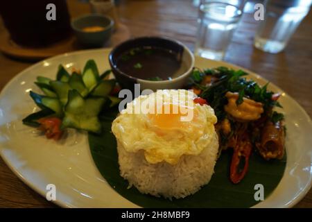 Faire sauter les crevettes et le basilic thaïlandais Saint recouvert d'œuf frit et de riz blanc Banque D'Images