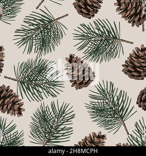 Motif sans couture avec branches et cônes en pin.Illustration vectorielle dessinée à la main Illustration de Vecteur