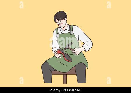 Travailler dans le concept de réparation de chaussures.Jeune homme cordonnier assis réparant la chaussure femelle avec un marteau travaillant sur un fond jaune illustration vectorielle Illustration de Vecteur