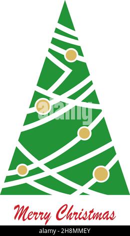 Sapin de Noël avec boules dorées et joyeux Noël sur fond blanc. Illustration de Vecteur