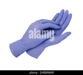 Gants médicaux.Deux gants chirurgicaux bleus isolés sur fond blanc avec les mains.Fabrication de gants en caoutchouc, la main humaine porte un gant en latex Banque D'Images