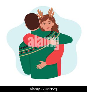 Homme et femme embrassant.Couple aimant dans des vêtements chauds d'hiver.Illustration vectorielle isolée en style plat Illustration de Vecteur