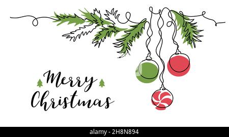 Branche de sapin de Noël avec jouets pour arbres de noël.Un dessin au trait continu pour la conception de coins.Fond de message d'accueil vectoriel, bannière, affiche en rouge et vert Illustration de Vecteur