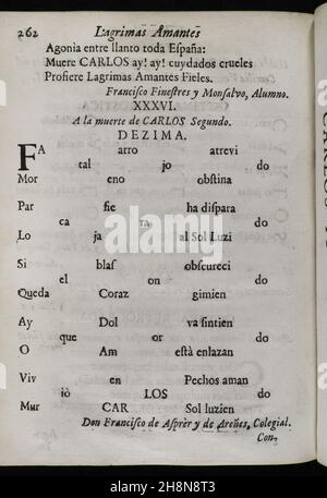 Histoire de l'Espagne.Décima à la mort du roi Charles II par Francisco de Asper y de Arenes.Larmes d'Amour, versé par l'éminente ville de Barcelone... dans les magnifiques rituels de deuil consacrés à la mémoire bien-aimée et vénérée de son Roi et Seigneur décédé, don Carlos II ('Lagimas amantes de la excelentissima Ciudad de Barcelona, con que agradecida a las reales finezas y benevos,Demuestra su amor y su dolor, en las magnifilas exiquias que celeó a las amadas y venerables memorias de su difunto Rey y Señor, D. Carlos II').Par Josep Rocaberti.Edition à Barcelone, dans l'impression de Juan P. Banque D'Images