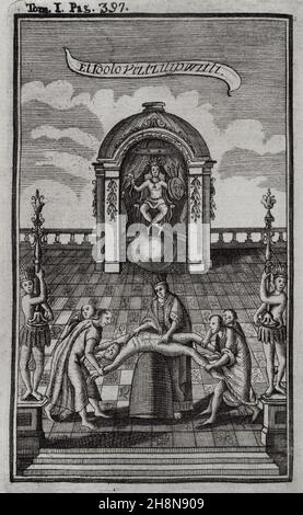 Idol Vitzliputzli (Huitzilopochtli).Idole mexicaine.Gravure.'Historia de la Conquista de México, población, y progresos de la América septentrional, conocida por el nombre de Nueva España' (Histoire de la conquête du Mexique, population, et progrès de l'Amérique du Nord, connu sous le nom de Nouvelle Espagne).Ecrit par Antonio de Solís y Rivadeneryra (1610-1686), chroniqueur des Indes.Volume I. Edition publié à Barcelone et divisé en deux volumes, 1771.L'imprimante de King: Thomas Piferrer.Bibliothèque militaire historique de Barcelone.Catalogne, Espagne. Banque D'Images