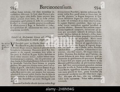 Barcinonensium.'marca Hispanica sive limes hispanicus'.Livre écrit en latin par Pierre de Marca (1594-1662).En 1656, il a été mandaté pour formaliser le traité frontalier entre les royaumes de France et d'Espagne, une tâche qui a été reflétée dans cette collection de cinq livres, rendant le peuple français au courant de la province de Catalogne annexée en 1641.Etienne Baluze agrandi et édité.Publié à Paris par François Muguet en 1688.Bibliothèque militaire historique de Barcelone.Catalogne, Espagne.Auteur: Pierre de Marca (1594-1662).Historien français. Banque D'Images