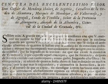 Censure de l'historien et bibliophile Gaspar Ibáñez de Segovia (1628-1708), marquis de Mondéjar.'Historia de la Conquista de México, población, y progresos de la América septentrional, conocida por el nombre de Nueva España' (Histoire de la conquête du Mexique, population, et progrès de l'Amérique du Nord, connu sous le nom de Nouvelle Espagne).Édition publiée à Barcelone, 1756.Imprimerie de Lucas de Bezares y Urrutia.Bibliothèque militaire historique de Barcelone.Catalogne, Espagne.Auteur: Antonio Solís Rivadeneyra (1610-1686).Rédacteur.Chroniqueur des Indes et historien espagnol. Banque D'Images