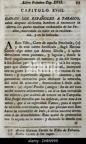 "Les Espagnols gagnent Tabasco, puis deux cents hommes sortent pour reconnaître le territoire, qui reviennent, repoussés par les Indiens, montrant leur courage dans leur résistance et dans leur retraite..."Conquête de Tabasco.Deuxième expédition par Hernán Cortés, 1519.'Historia de la Conquista de México, población, y progresos de la América septentrional, conocida por el nombre de Nueva España' (Histoire de la conquête du Mexique, population, et progrès de l'Amérique du Nord, connu sous le nom de Nouvelle Espagne).Ecrit par Antonio de Solís y Rivadeneryra (1610-1686), chroniqueur des Indes.Volume I. Firs Banque D'Images