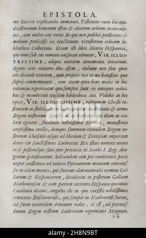 Episte.'marca Hispanica sive limes hispanicus'.Livre écrit en latin par Pierre de Marca (1594-1662).En 1656, il a été mandaté pour formaliser le traité frontalier entre les royaumes de France et d'Espagne, une tâche qui a été reflétée dans cette collection de cinq livres, rendant le peuple français au courant de la province de Catalogne annexée en 1641.Etienne Baluze agrandi et édité.Publié à Paris par François Muguet en 1688.Bibliothèque militaire historique de Barcelone.Catalogne, Espagne.Auteur: Pierre de Marca (1594-1662).Historien français. Banque D'Images