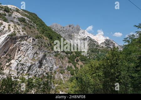 Vue sur un flanc de montagne à Carrara en été avec des rochers couverts de végétation et d'arbres. Banque D'Images