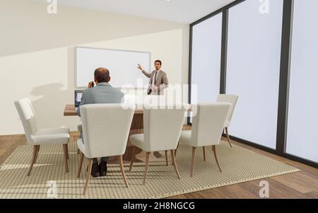 Un jeune homme d'affaires se présente à un collègue dans une salle de réunion.Formation de coach d'affaires masculin avec tableau blanc pour l'employé.Image de rendu 3D. Banque D'Images