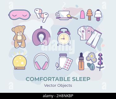 Ensemble de vecteur de sommeil confortable isolé.Illustration éléments vecteur défini pour un bon sommeil.Bonne nuit concept de dessin animé contre le trouble du sommeil insomnie dépression.Illustration auto-aipersonnel couleurs bleu-violet Illustration de Vecteur