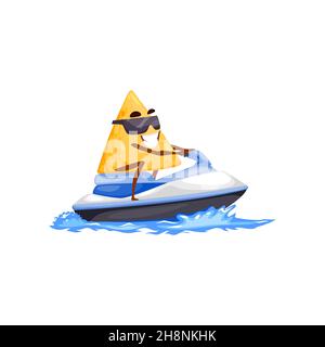 Nachos surfant sur l'eau jet ski moto isolé drôle personnage de dessin animé.Tortilla au maïs vectoriel ou chips croustillantes en lunettes de soleil, sport des vacances d'été Illustration de Vecteur