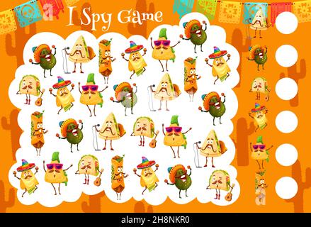 Tacos, avocat, burrito et nachos avec quesadilla caractères mexicains. Of I Spy Game Vector Worksheet.Trouvez et associez un puzzle ou une énigme pour enfants Illustration de Vecteur
