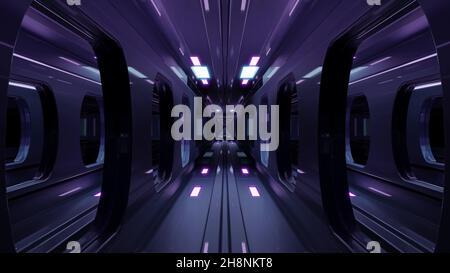 Illustration 3D 4K UHD d'un tunnel au néon avec train moderne Banque D'Images