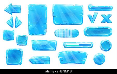 Boutons de cristal de glace, plaques de glissière et flèches avec des touches de l'actif de jeu.Interface vectorielle du panneau utilisateur.Icônes de dessin animé bleu ICE pour les boutons de l'interface utilisateur et de l'interface graphique, MOB Illustration de Vecteur