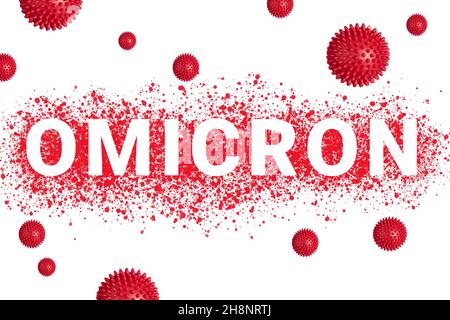 Variante OMICRON de COVID.Nouvelle souche de coronavirus.Texte OMICRON sur la ligne rouge éclatée avec des souches de virus symboliques sur le blanc Banque D'Images