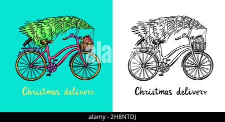 Vélo avec un arbre de Noël. Épicéa dans les bagages de la moto. Concept de livraison. Illustration vectorielle pour étiquette, badge, logo, carte postale ou bannière Illustration de Vecteur