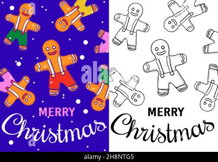 Pain d'épice.Petits gâteaux d'homme.Bannière Joyeux Noël.Nouvelle année.Modèle d'affiche.Autocollant vintage circulaire ou étiquettes.Esquisse gravée dessinée à la main Illustration de Vecteur