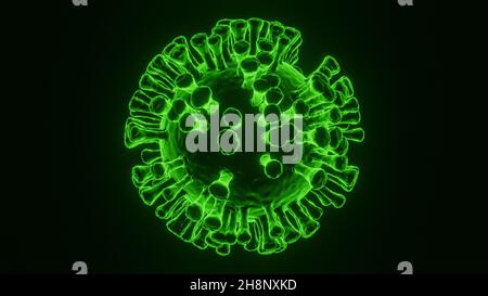 Illustration 3D de la cellule du coronavirus Covid-19, visualisation du modèle du cov-sras avec effet lumineux vert néon ou rayonnant sur fond noir Banque D'Images