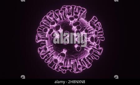 Illustration 3D de la cellule du coronavirus Covid-19, visualisation du modèle du cov-sras-2 avec effet brillant rose ou radient sur fond noir Banque D'Images