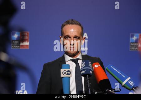 Riga, Lettonie.1er décembre 2021.Le ministre fédéral des Affaires étrangères Heiko Maas lors d'une brève rencontre avec la presse en marge de la réunion des ministres des Affaires étrangères de l'OTAN.Credit: Alexander Welscher/dpa/Alay Live News Banque D'Images