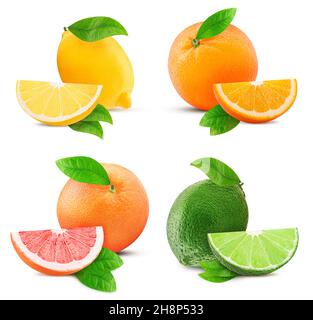 Orange frais, citron, citron vert, pamplemousse entier et trancher avec la feuille isolée sur fond blanc.Masque.Profondeur de champ complète. Banque D'Images