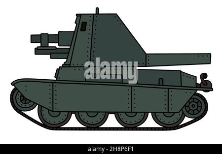 Dessin à la main d'un véhicule blindé vintage à chenilles foncées Banque D'Images