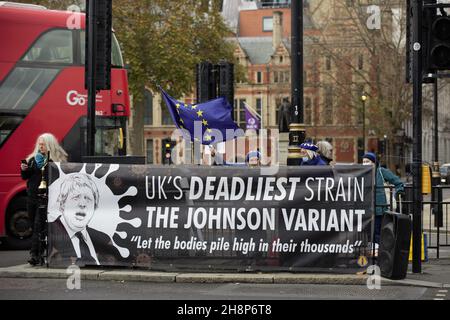 Londres, Royaume-Uni.1er décembre 2021.Des militants vus à côté d'une bannière exprimant leur opinion pendant la manifestation.des manifestants du groupe Sodem action dirigé par le militant pro-européen Steve Bray ont organisé une manifestation anti-Brexit sur la place du Parlement à Londres.Crédit : SOPA Images Limited/Alamy Live News Banque D'Images