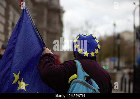 Londres, Royaume-Uni.1er décembre 2021.Un activiste vu tenir un drapeau européen pendant la manifestation.des manifestants du groupe Sodem action dirigé par le militant pro-européen Steve Bray ont organisé une manifestation anti-Brexit sur la place du Parlement à Londres.Crédit : SOPA Images Limited/Alamy Live News Banque D'Images
