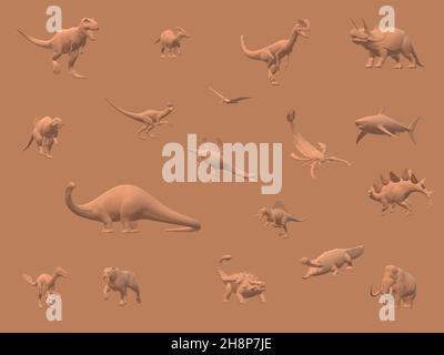 3D illustration.Fond marron clair avec silhouettes réalistes d'un grand nombre de dinosaures préhistoriques. Banque D'Images