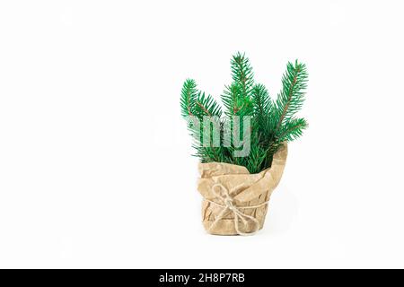 petit sapin naturel dans un pot enveloppé de papier artisanal sur fond blanc avec espace de copie.Petit arbre de Noël non décoré sur fond blanc. Banque D'Images