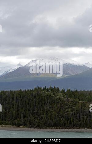 Les montagnes enneigées s'élèvent au-dessus de la forêt dans le parc national et la réserve Kluane au Yukon, au Canada.La forêt se trouve sur la rive du lac Kluane. Banque D'Images