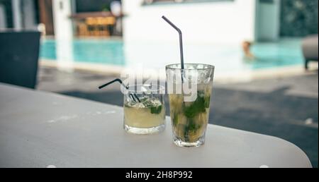 Cocktail Mojito au bord de la piscine du complexe. Concept de vacances de luxe. Arrière-plan de la piscine extérieure. Verres à cocktail au bord de la piscine, piscine floue Banque D'Images