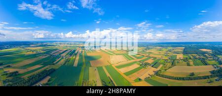 Vue panoramique aérienne de terres agricoles en patchwork vallonnées et boisées, éclairées par un soleil chaud en début de soirée au cœur du Conseil Banque D'Images