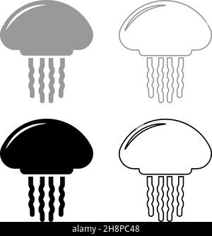 Medusa Jellyfish Set icône gris noir couleur vecteur illustration image simple style plat Uni remplir contour ligne mince Illustration de Vecteur