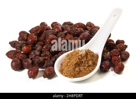 Rosènehip séché avec poudre de fruit isolée sur fond blanc Banque D'Images