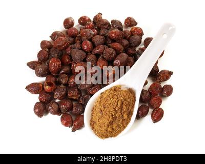 Rosènehip séché avec poudre de fruit isolée sur fond blanc Banque D'Images