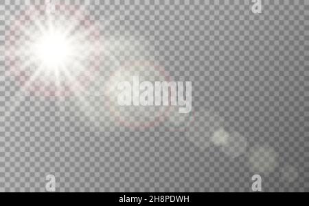 Effet d'éclat de l'objectif.Reflets du soleil sur fond transparent.Anneaux lumineux et tons clairs.Lumière du soleil Flash lumineux avec rayons.Lumière chaude et ensoleillée.Vecteur Illustration de Vecteur