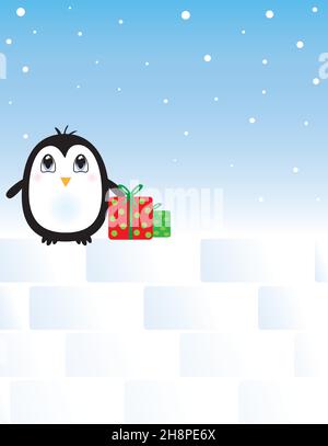 Le pingouin se happairé au-dessus du fond de la carte à neige Illustration de Vecteur