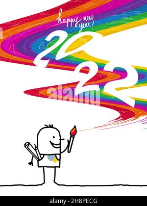 Dessin main dessin animé artiste peinture une vague colorée avec 2022 blanc signe - bonne année ! Banque D'Images