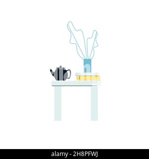 Table de dessin animé plat avec théière, livres et maison, mobilier de maison, pièce intérieur éléments vecteur d'illustration concept Illustration de Vecteur